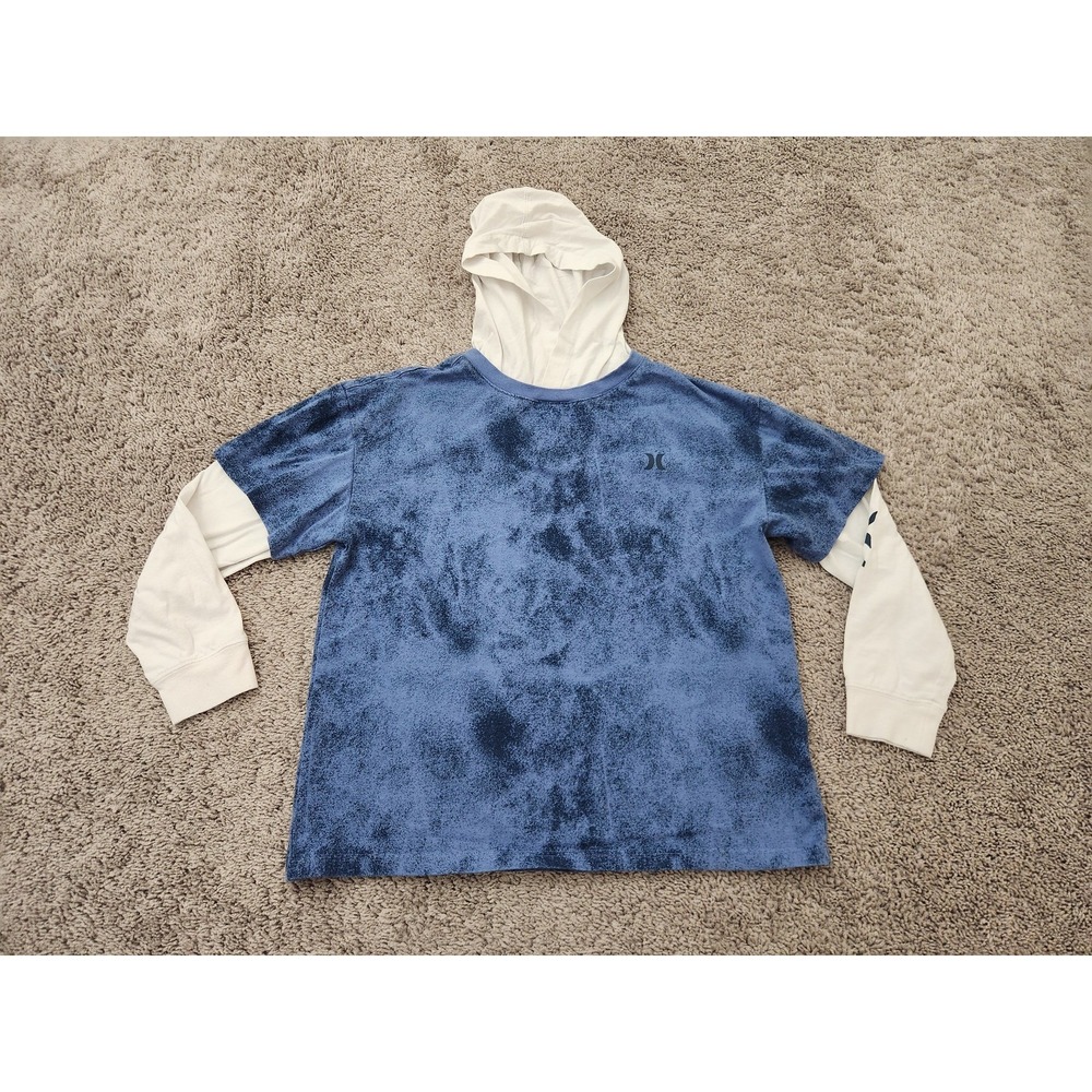 Hurley Kids Unisex L Blue Tie-Dye Look Hooded Pullover Sweatshirt White Sleeves‎